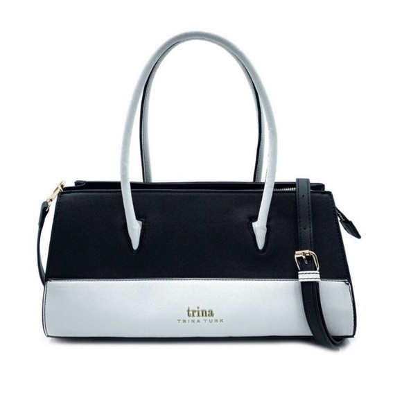 NWT Trina Turk Black & White Colorblock Satchel with Shoulder Strap - Picture 1 of 6